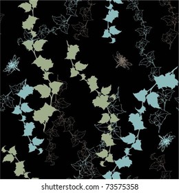 Seamless background with ivy and dragonflies.