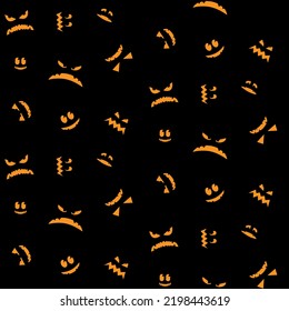 Seamless background with jack o lanterns, carved luminous muzzle of a pumpkins for Halloween on a black background