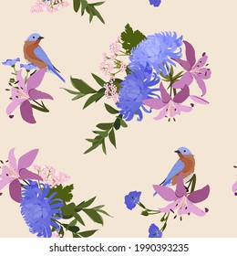 Seamless background with Japanese chrysanthemums, lily and birds on beige background.For decoration textile, packaging. Vector illustration.