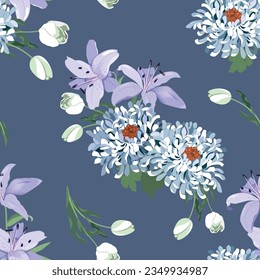 Seamless background with Japanese chrysanthemums and lily. For decoration textile, packaging, wallpaper. Vector illustration.