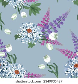 Seamless background with Japanese chrysanthemums and lupine. For decoration textile, packaging, wallpaper. Vector illustration.