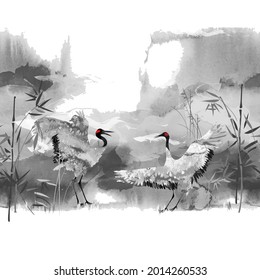 Seamless background - Japanese dancing cranes. Vector illustration in sumi-e style