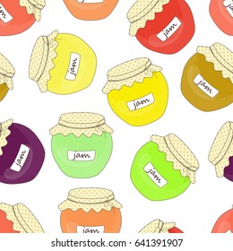 Seamless background of jars with fruit jam. Pattern.