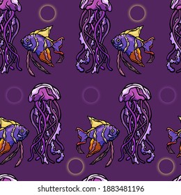 Seamless background of jellyfish and fish, violet background, circle, sparkle, seafood, decor, symbol, sea, ocean, cartoon style, food, wrapping, package, paper, typography, shop, gastronomy, zoo, joy