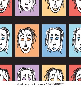 Seamless background of joyful and sad human masks