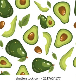 Seamless background of juicy avocado fruits on a white background. A variety of ripe slices, slices and halves. Cartoon-style vector pattern for fabric or packaging