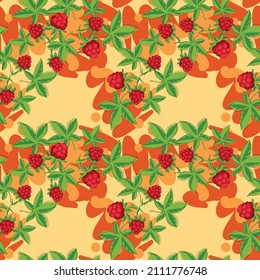 Seamless background from juicy berries. Illustrations of raspberries. Design for healthy food, textiles, paper, packaging, pastel linen. Vector graphics.