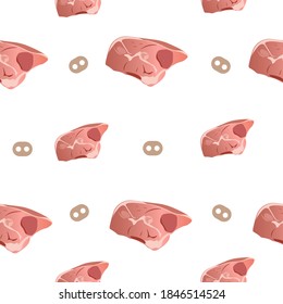 El fondo de la carne de jamón jugoso no tiene cabida. Ilustración vectorial aislada en fondo blanco. Textura para tejidos, textiles, menús, embalajes, sitios web, etc.