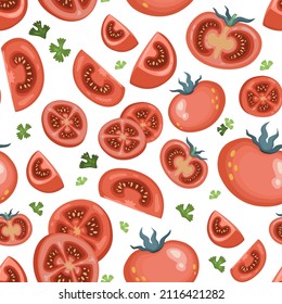 Seamless background of juicy tomatoes and greens on a white background . A variety of ripe fruits, rings and pieces. Vector pattern in cartoon style for fabric or packaging