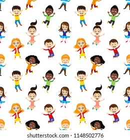 Seamless background with jumping children on a white background.