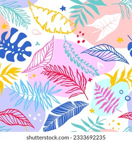 Seamless background with jungle plants. Palm leaves. Floral exotic hawaiian wallpaper. Summer tropical leaf. 