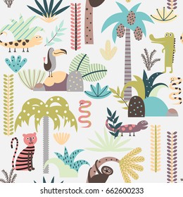 Seamless background with jungle plants and wild animals  in cartoon style. Children vector pattern.