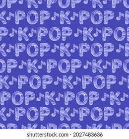 Seamless background. K POP lettering isolated on blue background. Polygonal image. Blue lettering decorated with a musical note. Expression of love for Korean popular music. 