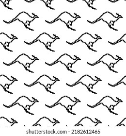 Seamless background Kangaroo. Australian Marsupial. Pixel vector pattern. Black and white