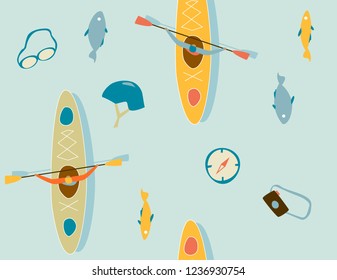 Seamless background with kayak canoe or boats. Spring and summer lake or river extreme sports. vector pattern flat style.