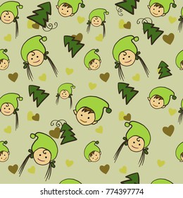 seamless background kids elves with christmas trees
