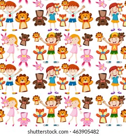 Seamless background with kids and puppets illustration