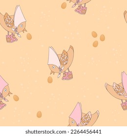 Seamless background with kind funny young hens and eggs. For baby clothes.