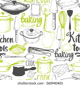 Seamless background with kitchen appliances and tools. Menu pattern. Vector Illustration with funny cooking symbols on white. Decorative elements for your packing design. Multicolor decor.