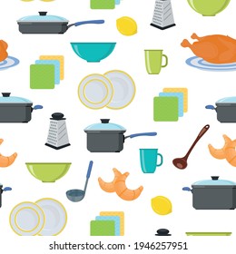 Seamless background. Kitchen. Food and drinks. Kitchen utensils. Pots and pans. The pattern. Vector illustration