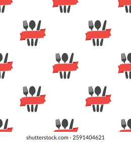 Seamless background with kitchen items. Knife fork spoon and ribbon pattern.
