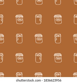 Seamless background kitchen jam jar gender neutral pattern. Whimsical minimal earthy 2 tone color. Kids nursery wallpaper or boho cartoon bug fashion all over print. 