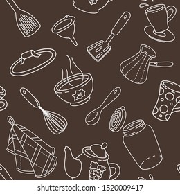 Seamless background with kitchen utensils, in Doodle style