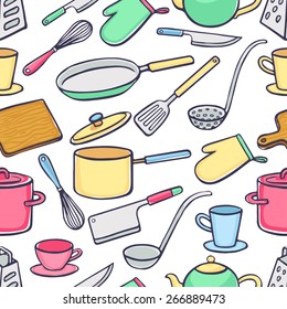 Seamless background with kitchen utensils. pans, knives, ladle. hand-drawn illustration