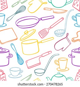 Seamless background with kitchen utensils. pans, knives, ladle. hand-drawn illustration - 2