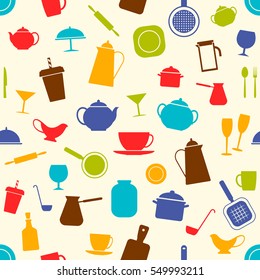Seamless background with kitchen utensils, vector illustration. Cooking, drink, kitchen accessories. Good background for wrapping paper, fabric, website or store.
