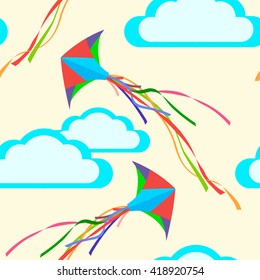 Seamless background with kites and clouds. Vector image.