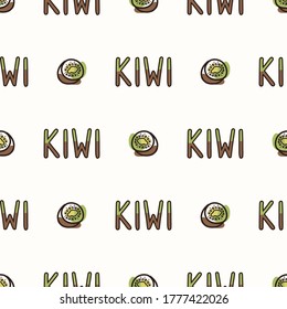 Seamless background kiwi text. Gender neutral kid food pattern. Simple whimsical minimal earthy 2 tone color. Baby nursery wallpaper or boho decorative gardening decor all over print. 