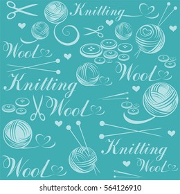 Seamless background with knitting thread isolated on mint background.  Vector illustration