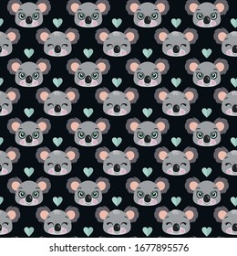Seamless background with koala faces and hearts

