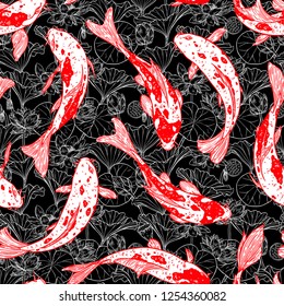 Seamless background of Koi Carps and lotus flower and leaves. Hand-drawn illustration