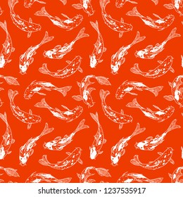 Seamless background of Koi Carps. Set of beautiful hand-drawn carps