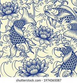 Seamless background with koi fish, waves, and flowers in Japanese style. this design can be used as a print for fabric as well as for many other creative products