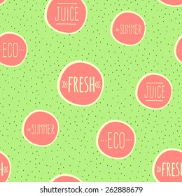 seamless background with labels Fresh, juice, summer, eco with a pattern of seeds