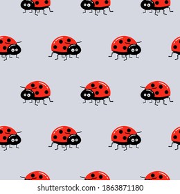 Seamless background with ladybug on gray. Simple pattern. Vector illustration.