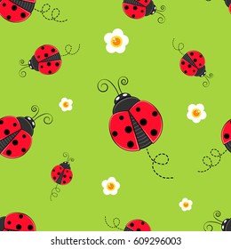 Seamless background with ladybug. A simple pattern. Ladybird on a green background. Vector illustration.