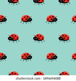 Seamless background with ladybug. Vector illustration on green. Pattern with beetles for tissue, paper, prints and other.