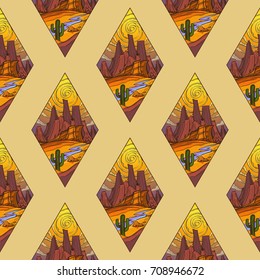 Seamless background of landscape with desert or savannah, river, cactus and volcano. Dawn or noon on a background of a mountain landscape. Vector illustration isolated on beige background. 