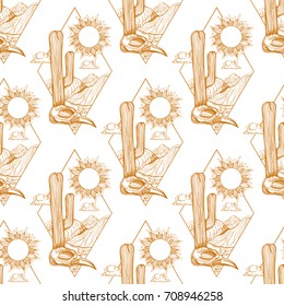 Seamless background of landscape with desert, scull, cactus. Dawn or noon on a background of a mountain landscape. Vector monochrome illustration isolated on white background. Diamond logo