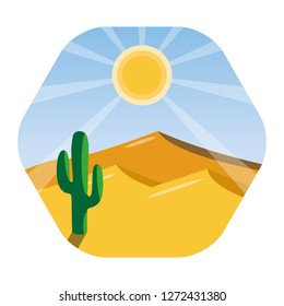 Seamless background of landscape with endless desert and cactus. Sunset on a backgound. Concept of journey, travel, adventure and tourism. Hexagonal icon design.