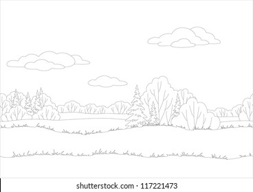 Seamless background, landscape, forest, black contour on white background. Vector