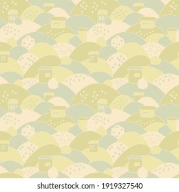 Seamless background, landscape with hills and small houses . Hand-drawn vector illustration.