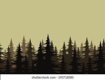 Seamless background, landscape, night forest with fir trees silhouettes. Vector