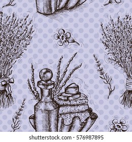 Seamless background with lavender flowers and perfume bottles. Repeated pattern. Hand drawn engraved illustration. Concept of beauty product packaging. Vector design elements