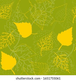 Seamless background and layout illustration of birch leaves, elegant natural shapes of birch leaves on a green background for fabric design for notebook cover