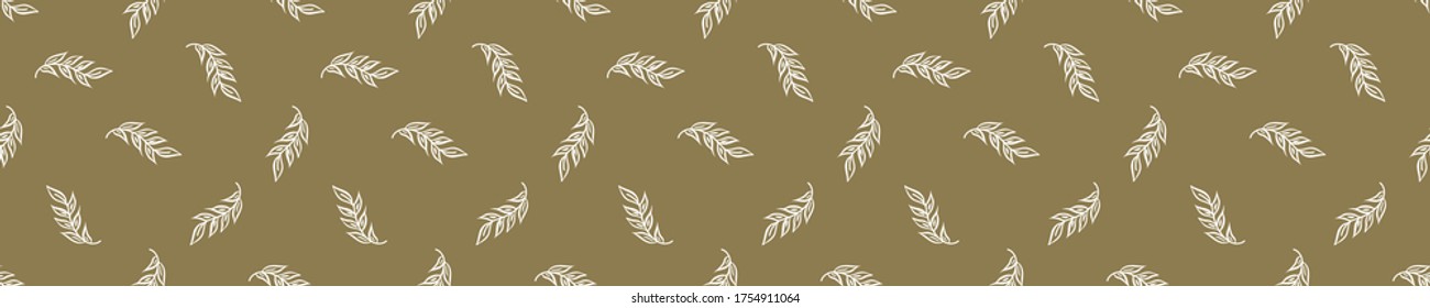 Seamless background leaf banner. Gender neutral baby pattern. Simple whimsical minimal earthy 2 tone color. Kids nursery leaves foliage border or boho fashion tribbon trim
